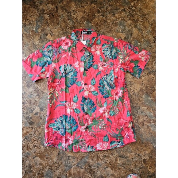 Jogal‎ Shirt Mens Medium Red Tropical Cotton Viscose Blend Short Sleeve Hawaiian - Picture 1 of 8